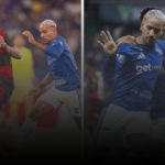 Une image composite en deux parties montrant Gerson de Flamengo (nº 20) et Matheus Pereira de Cruzeiro (nº 10) en action lors d'un match du Brasileirão 2026. À droite, Matheus Pereira célèbre avec son coéquipier (nº 22) après un but.