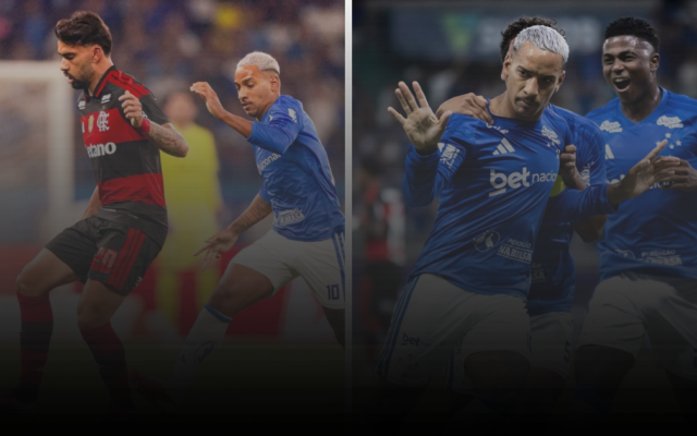 Une image composite en deux parties montrant Gerson de Flamengo (nº 20) et Matheus Pereira de Cruzeiro (nº 10) en action lors d'un match du Brasileirão 2026. À droite, Matheus Pereira célèbre avec son coéquipier (nº 22) après un but.
