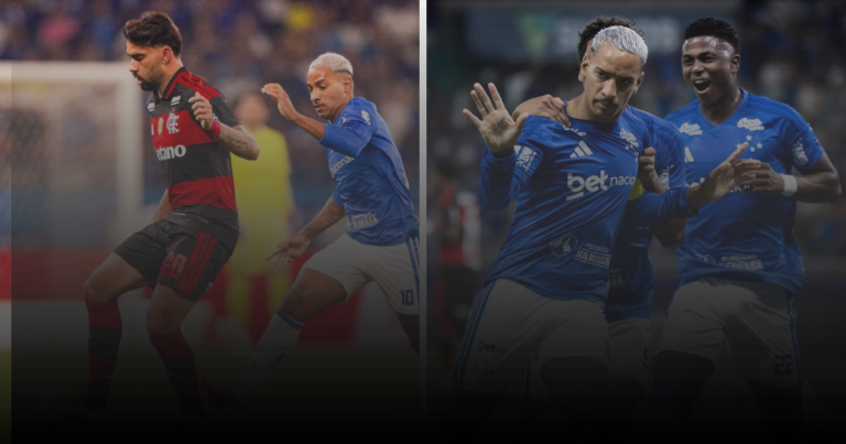 Une image composite en deux parties montrant Gerson de Flamengo (nº 20) et Matheus Pereira de Cruzeiro (nº 10) en action lors d'un match du Brasileirão 2026. À droite, Matheus Pereira célèbre avec son coéquipier (nº 22) après un but.