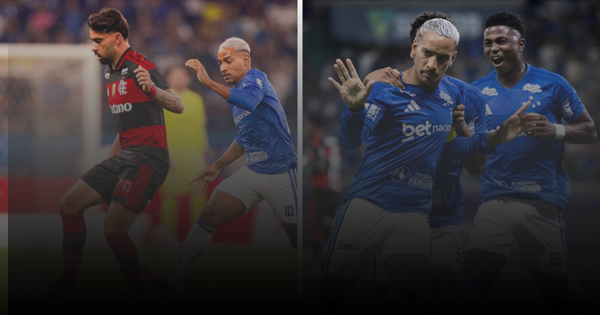 Une image composite en deux parties montrant Gerson de Flamengo (nº 20) et Matheus Pereira de Cruzeiro (nº 10) en action lors d'un match du Brasileirão 2026. À droite, Matheus Pereira célèbre avec son coéquipier (nº 22) après un but.
