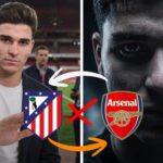 Julián Álvarez in the mixed zone at the Emirates alongside the Atlético Madrid and Arsenal crests, with an arrow marking his possible move to London