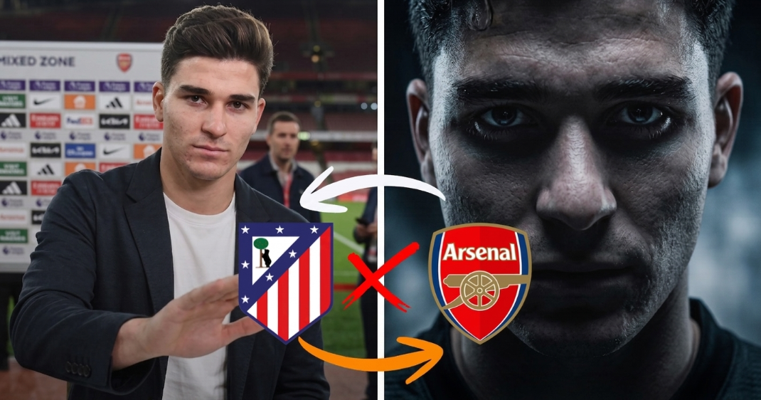 Julián Álvarez in the mixed zone at the Emirates alongside the Atlético Madrid and Arsenal crests, with an arrow marking his possible move to London